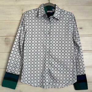 Tizzie Button Down White Shirt Black Circle Pattern Flannel Cuffs SZ Small Work